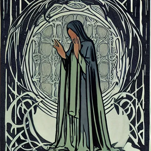 Image similar to a cloaked mage casting a magic spell from her hand toward an ice castle, art nouveau