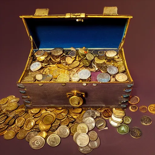 Image similar to A treasure chest filled with jewels, coins and golden artefacts, 4k, hdri, museum quality photo