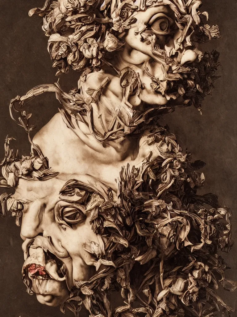 Prompt: Detailed maximalist portrait a Greek god bust with large lips and with large white eyes, angry, fleshy botany, HD mixed media 3d collage, highly detailed and intricate, surreal illustration in the style of Caravaggio, dark art, baroque