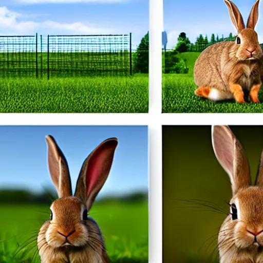 Prompt: a rabbit jumping up over a fence, shown as a film strip showing sequential stills starting from time 0 : 0 0 from the video clip in a grid