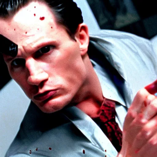 Image similar to an angel as the american psycho, cinematic still