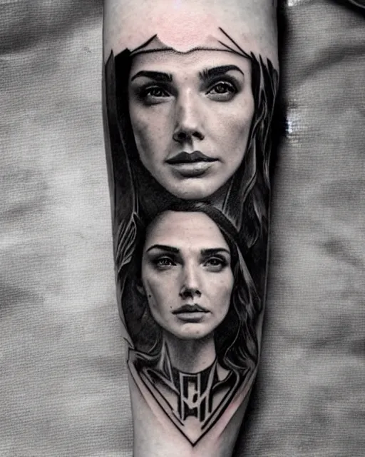 Prompt: creative double exposure effect tattoo design sketch of beautiful gal gadot faded with beautiful mountain scenery, realism tattoo, in the style of matteo pasqualin, amazing detail, sharp