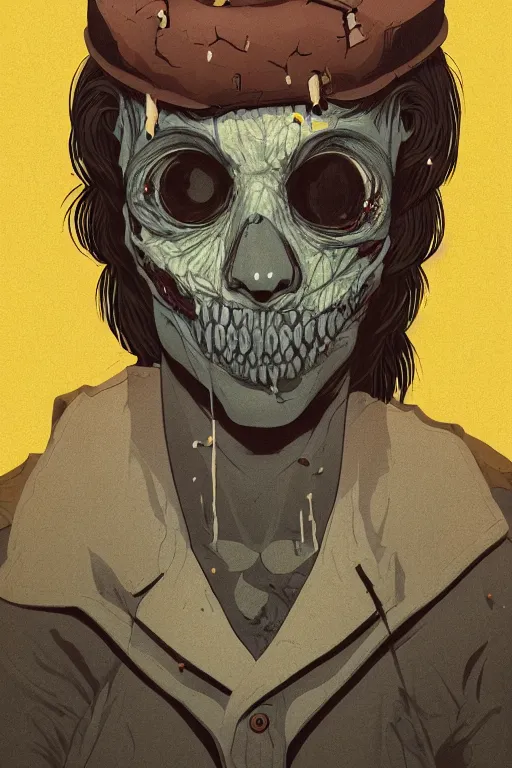 Image similar to the man in the yellow hat in sleepy hollow, full body, big two toned eyes, teeth gritted, horror, intricate details, cinematic, epic, realistic, anatomy, tomer hanuka, uplight, artstation, photorealistic, scary