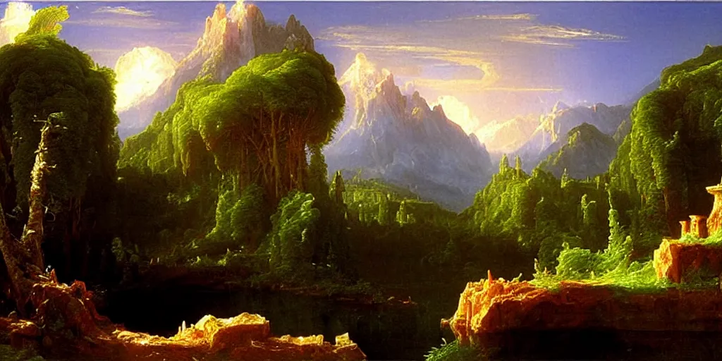 Image similar to a fantasy landscape by thomas cole and ivan shishkin