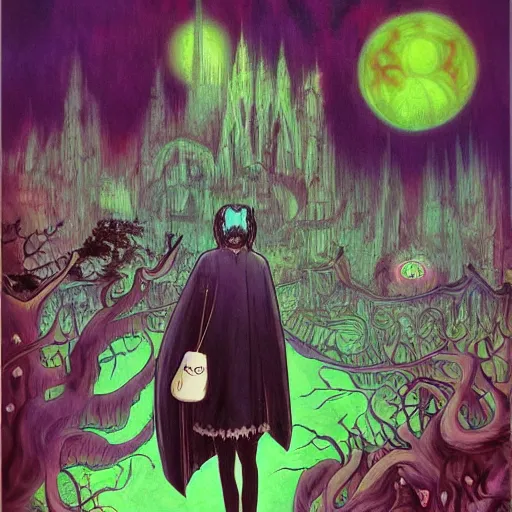 Prompt: Vampire traveling through a beautiful psychedelic world, horror, illustrated by Hayao Miyazaki, trending on artstation