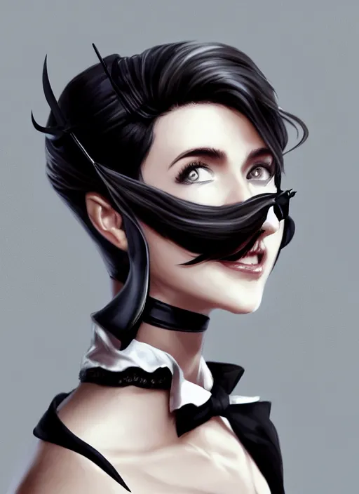 Prompt: a highly detailed illustration of beautiful short black messy haired woman wearing eyepatch!!!!!!!!!!!! and noir style suit and tie, dramatic smiling pose, intricate, elegant, highly detailed, centered, digital painting, artstation, concept art, smooth, sharp focus, league of legends concept art, WLOP