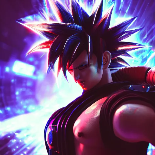 Prompt: cyberpunk goku, macro, vibrant, 30mm photography, gta artstyle, wide shot, dramatic lighting, octane render, hyperrealistic, high quality, highly detailed, artstation, HD, beautiful, cinematic, 8k, unreal engine, facial accuracy, symmetrical