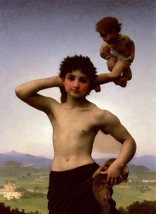 Prompt: a young man holding the head of a monster, climbing a hill in front of a crowd, extremely realistic and highly detailed painting by william - adolphe bouguereau and caravaggio, soft light, gold ratio