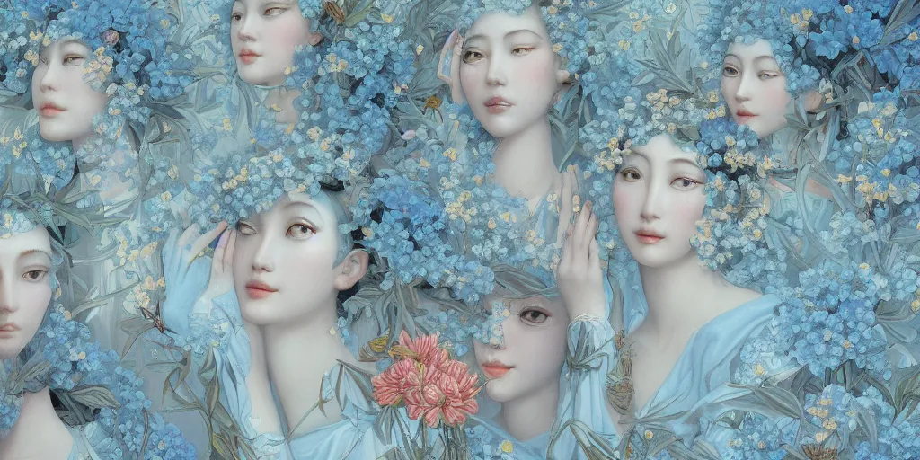 Image similar to breathtaking detailed concept art painting art deco pattern of faces goddesses amalgamation light - blue flowers with anxious piercing eyes and blend of flowers and birds, by hsiao - ron cheng and john james audubon, bizarre compositions, exquisite detail, extremely moody lighting, 8 k