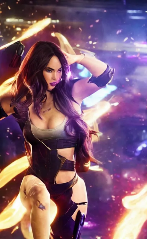 Image similar to action still of Caitlyn in KDA League of legends movie played by Megan Fox. imax, cinematic, 35mm, 4k resolution, dslr, live action, hyperreal, very detailed