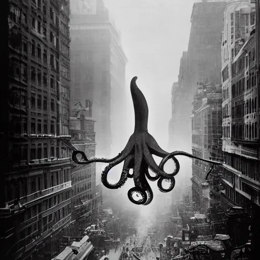 Image similar to old black and white photo, 1 9 1 3, depicting a giant alien dieselpunk octopus rampaging through the bustling streets of new york city, historical record, volumetric lights
