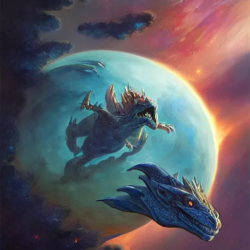Prompt: Gigantic blue scaled dragon devouring an earth like planet while flying in space, dinosaur, sun system, nebula, oil painting, by Fernanda Suarez and Edgar Maxence and Greg Rutkowski