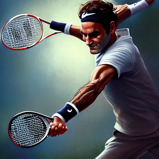 Image similar to roger federer playing tennis as a hero, picture by greg rutkowski, dynamic pose, intricate, futuristic, fantasy, elegant, by stanley artgerm lau, greg rutkowski, thomas kindkade, alphonse mucha, loish, norman rockwell,