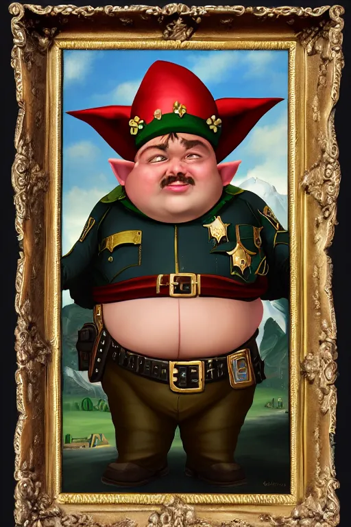 Prompt: high fantasy elf mall cop with a sheriff's badge that is fat, shifty, 1500s Oil Painting, Carvagio, RPG portrait, 8K digital scan