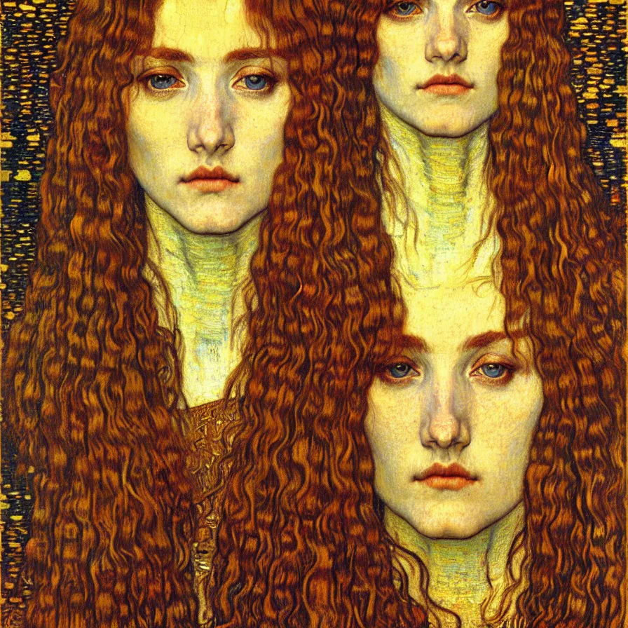 Image similar to detailed realistic beautiful young medieval queen face portrait by jean delville, gustav klimt and vincent van gogh, art nouveau, symbolist, visionary, gothic, pre - raphaelite, muted earthy colors, desaturated