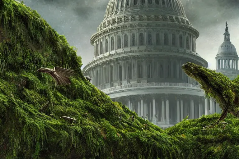 Image similar to an epic landscape view of vines and moss growing on the dome of the us capitol building, jungle, with pterosaurs flying, close - up, low angle, wide angle, atmospheric, volumetric lighting, cinematic, very realistic, sharp, highly detailed digital art, painted by tyler edlin