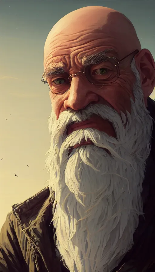 Image similar to highly detailed portrait old man with ling beard and bald head schopenhauer in gta v, stephen bliss, unreal engine, fantasy art by greg rutkowski, loish, rhads, ferdinand knab, makoto shinkai and lois van baarle, ilya kuvshinov, rossdraws, tom bagshaw, global illumination, radiant light, detailed and intricate environment