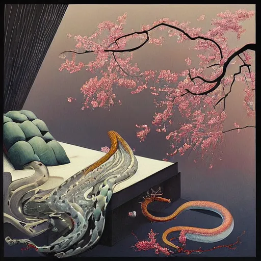 Image similar to beautiful painting of the white oneiric landscape of a deconstructed bedroom with snakes and cherry blossoms in the style of Francis Bacon, Karol Bak, Daturahex and Jesse Kanda. Dark background, detailed, trending on Artstation