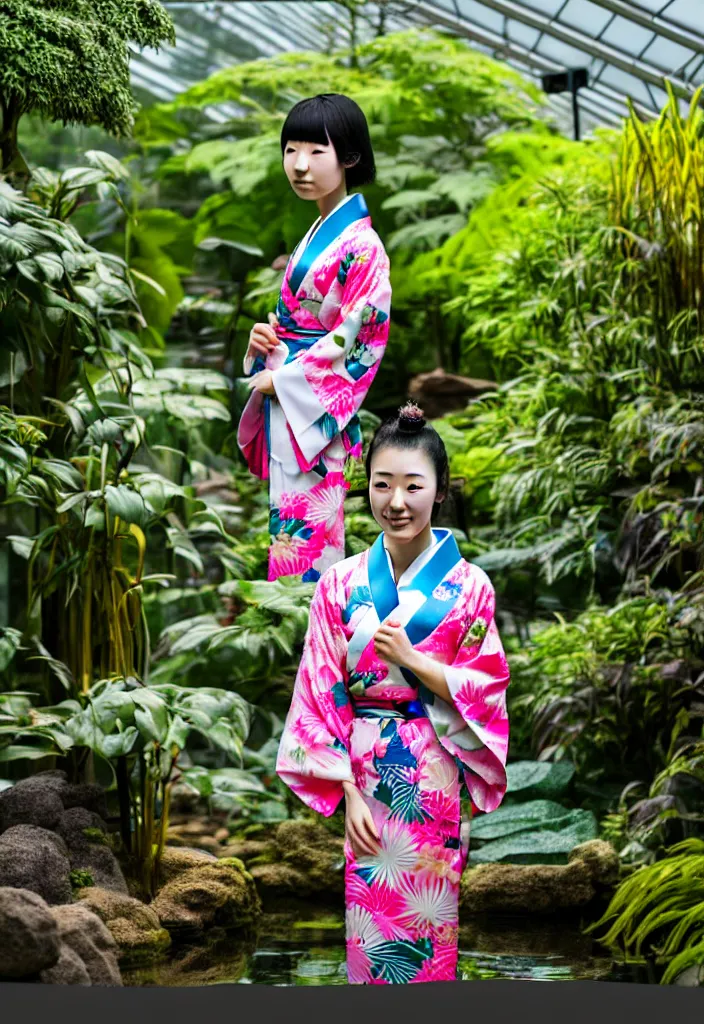 Prompt: photograph of a young Japanese woman wearing a pretty kimono in a tropical greenhouse, by Annie Leibowiz, extremely detailed, 4K, 85mm lens, photorealistic