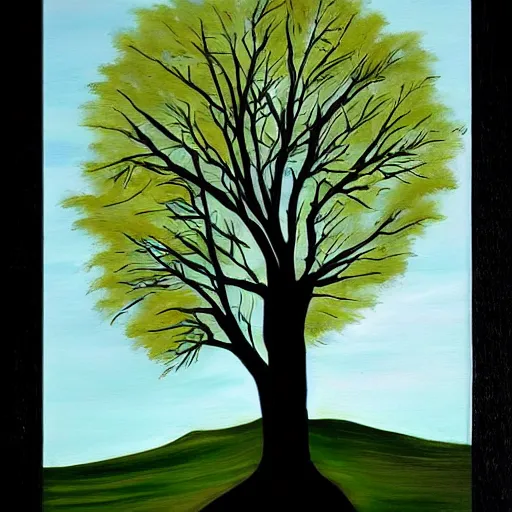 Image similar to a tree that grows around and protects a running girl, her tears feed the tree, painting, dark optimism