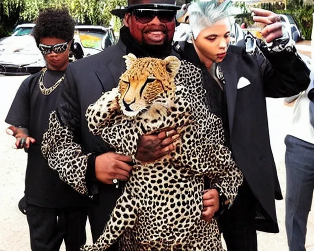 Prompt: cult worship of a angel pimp. the pimp is swagged out to the max. the pimp is wearing a cheetah. he loves the cheetah. he is the cheetah's actual dad.