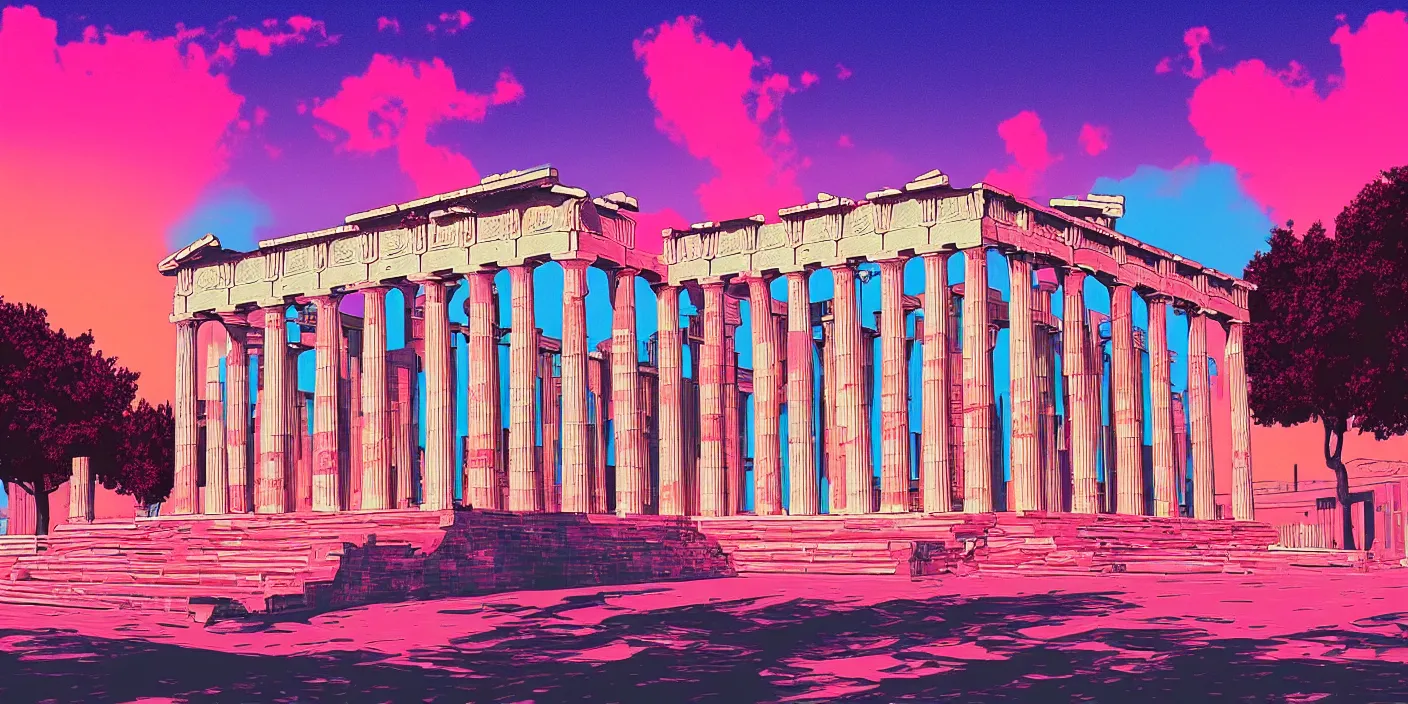 Image similar to the school of athenes paiting in synthwave style