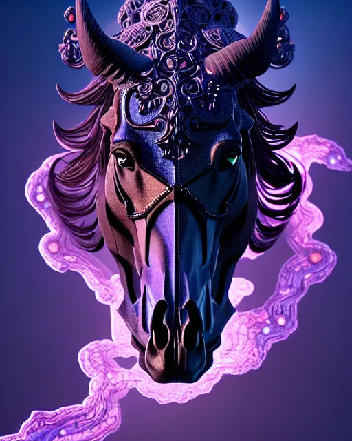 Prompt: 3 d ornate carved dark cosmic horse with profile portrait, sigma 5 0 0 mm f / 5. beautiful intricate highly detailed horse skull. bioluminescent, plasma, lava, ice, water, wind, creature, thunderstorm! artwork by tooth wu and wlop and beeple and greg rutkowski, 8 k trending on artstation