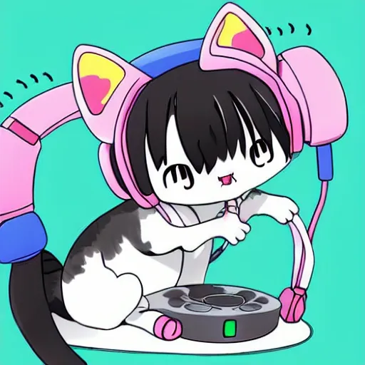 Image similar to Cat with headphones, anime style cute