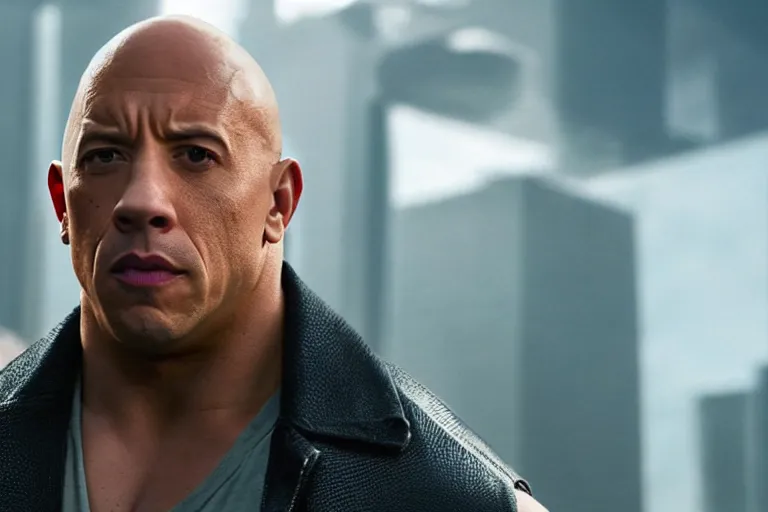 Image similar to vin diesel as dwayne johnson, low isometric perspective, cinematic still, movie still, long lens, shallow depth of field, bokeh, anamorphic lens flare, 8 k