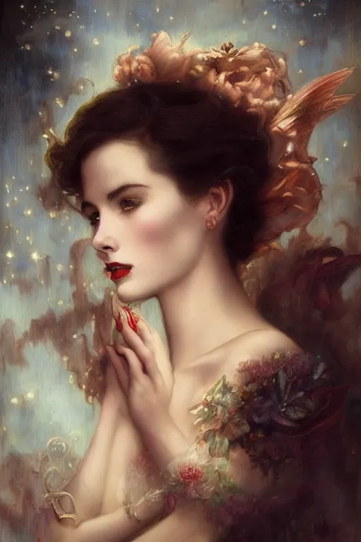 Image similar to a young and extremely beautiful grace kelly infected by night by tom bagshaw in the style of a modern gaston bussiere, art nouveau, art deco, surrealism. extremely lush detail. melancholic scene infected by night. perfect composition and lighting. sharp focus. profoundly surreal. high - contrast lush surrealistic photorealism. screaming, rage, madness.