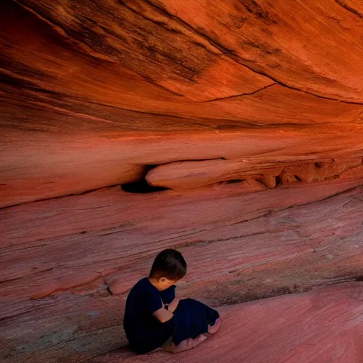 Image similar to award winning cinematic still of a young boy praying in zion national park, rock formations, colorful sunset, epic, cinematic lighting, dramatic angle, heartwarming drama directed by Steven Spielberg