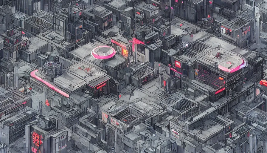 Image similar to Concept Art Illustration of neo-Tokyo Bank Headquarters Map, in the Style of Akira, Syndicate Corporation, Anime, Dystopian, Highly Detailed, Helipad, Special Forces Security, Blockchain Vault, Searchlights, Shipping Docks, For multiplayer Stealth fps bank robbery simulator, Unreal engine 5, Akira Color Palette, Inspired by MGS2 + Ghost in the shell SAC + Cowboy Bebop, 8k :4 by Arc System works + Katsuhiro Otomo : 8