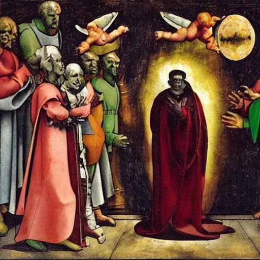 Image similar to An extraterrestrial being invited to the papal court in 1512. Painting by Michelangelo