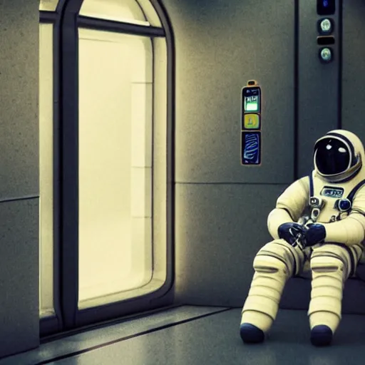 Image similar to a beautiful photo of an astronaut waiting in a subway station, 1970', soft light, morning light, photorealistic, realistic, octane, 8k, cinematic shot