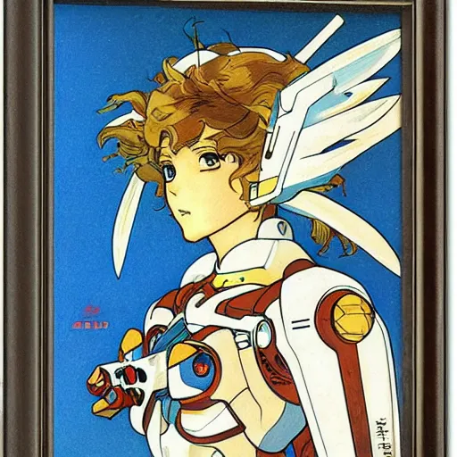 Image similar to anime manga mecha gundam robot astronaught with angel wings portrait by Alphonse Mucha art nuevou