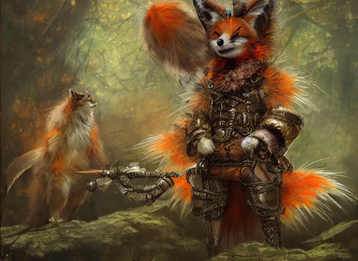 Image similar to ashigaru steampunk - inspired feathered anthropomorphic fox, colorful plumage, lacquered armor, cute but determined, hard focus, art station, by jessica rossier and brian froud, cinematic fantasy painting, orange grey white, in a woodland glade