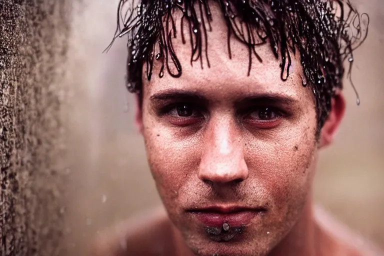 Image similar to a closeup cinematic!! headshot photograph!! of a male wearing a ripped shirt, stood in a tunnel, rain, dirt, film still, cinematic lighting, by bill henson