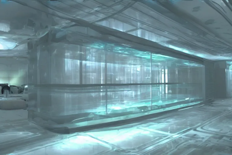 Image similar to translucent aqua casing electronic environment, ps 3 screenshot, still from a kiyoshi kurosawa movie