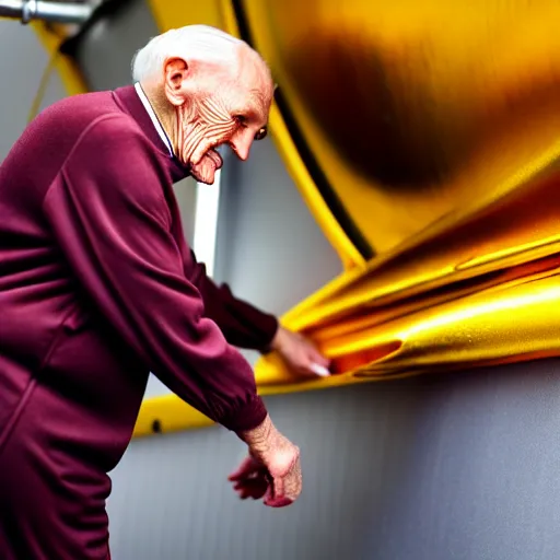 Image similar to wrinkled hunchbacked old man in musty burgundy suit, polishing painting the side of a huge gold plated mega yacht with a cloth, maintenance photo