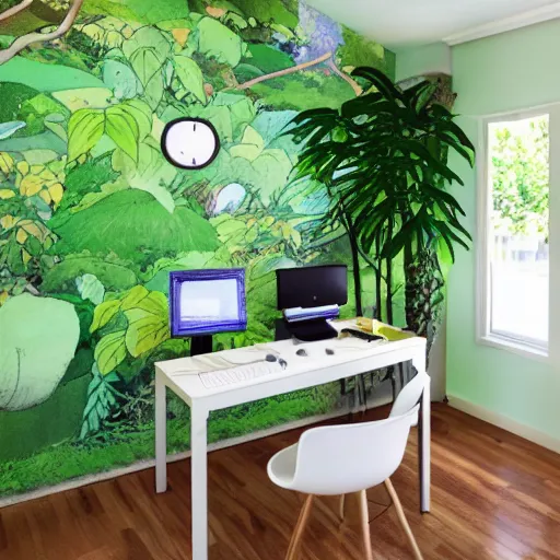 Prompt: home office with lush vegetation by Studio Ghibli