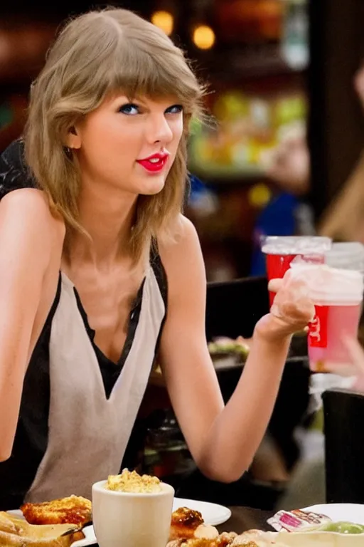 Prompt: taylor swift eating chicken wings at central perk from friends, soft lighting, super detailed