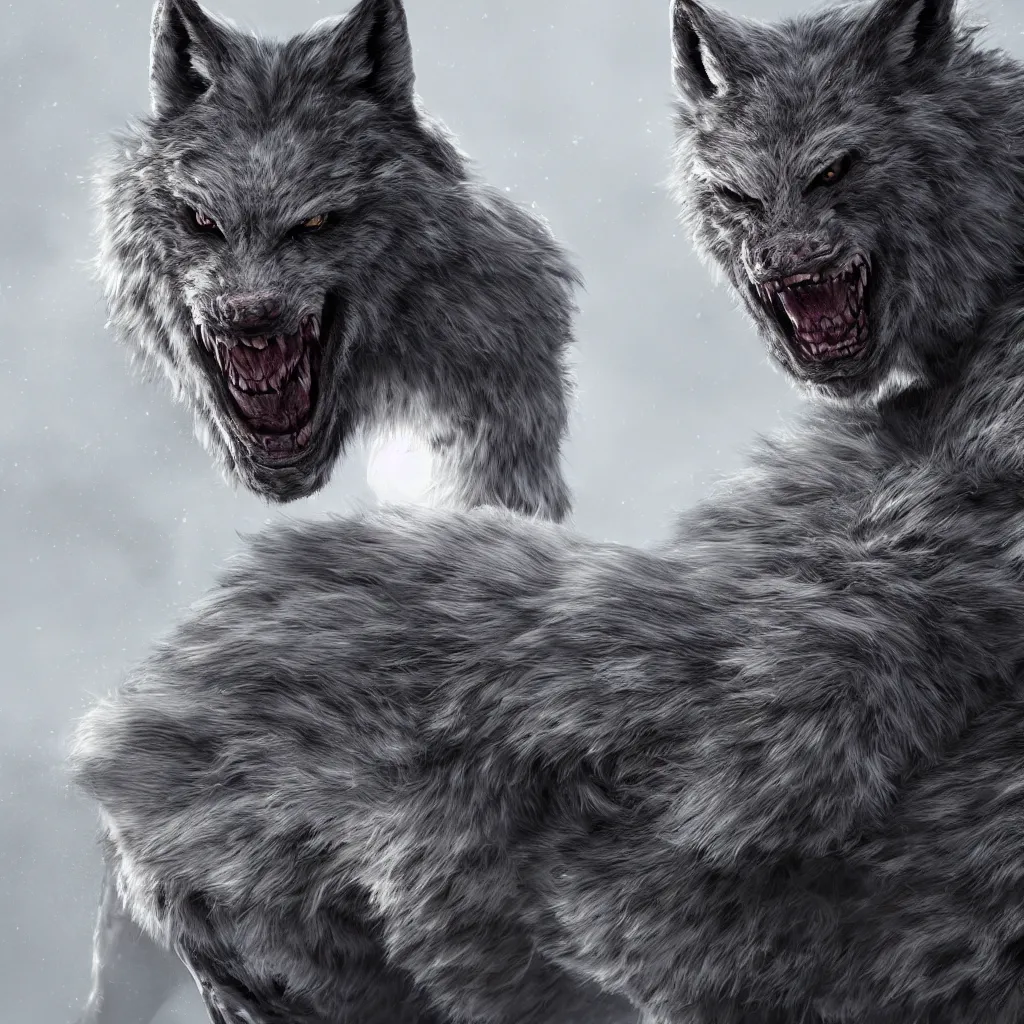 Image similar to portrait of man transforming into a werewolf with grey realistic fur, high detail, hyper realism, unreal engine, 8 k