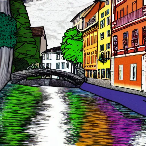 Image similar to digital art painting of a river running through a european town, very mediocre, not detailed at all.