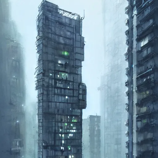 Image similar to illustration of a tall apartment building in a city made of concrete, dramatic lighting, illustration by Greg rutkowski, Shaun Tan art, yoji shinkawa, 4k, digital art, concept art, trending on artstation