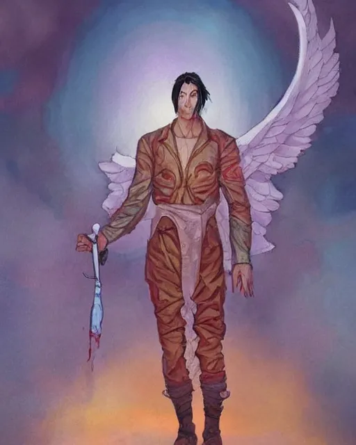 Image similar to a oil / watercolor painting full body character portrait of a heavenly killer in the style of moebius in the style of leonard boyarsky trending on artstation deviantart pinterest detailed realistic hd 8 k high resolution