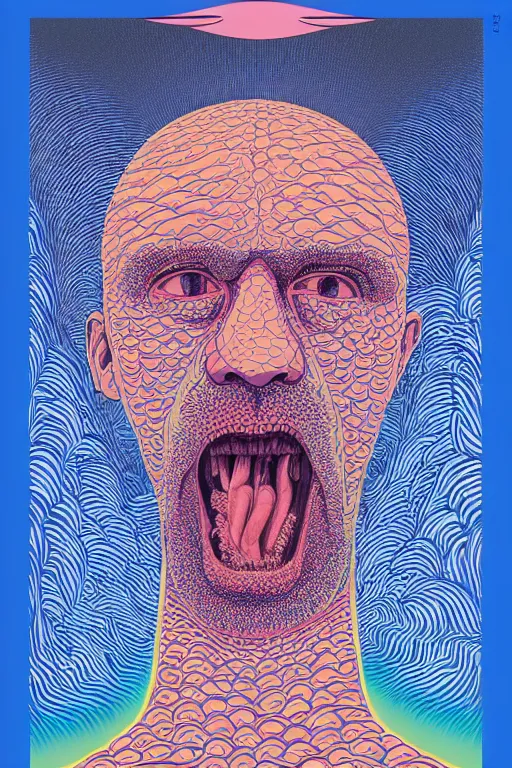 Prompt: man eats a tab of LSD acid on his tongue and dreams psychedelic hallucinations, screenprint by kawase hasui, alex grey and dan hillier, colorful flat design, hd, 8k