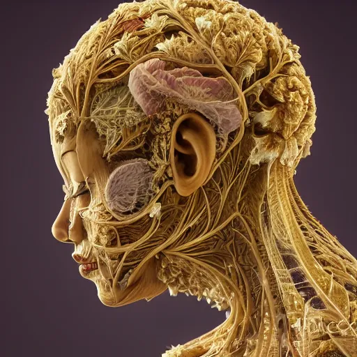 Image similar to beatifull frontal face portrait of a woman, 150 mm, anatomical, flesh, flowers, mandelbrot fractal, facial muscles, veins, arteries, symmetric, intricate, golden ratio, full frame, microscopic, elegant, highly detailed, ornate, ornament, sculpture, elegant , luxury, beautifully lit, ray trace, octane render in the style of peter Gric , alex grey and Romero Ressendi