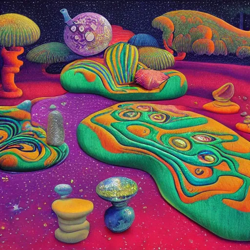 Image similar to psychedelic couch sofa in the lush forest, milky way, designed by moebius, rob gonsalves, gustav dore, giuseppe arcimboldo and carl barks, louis wain, trending on artstation, canada, star, sharp focus, colorful refracted sparkles and lines, soft light, 8 k 4 k