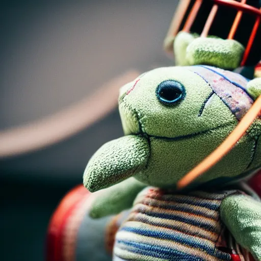 Prompt: a photograph of a turtle plush toy, he is happily playing drums, vivid color, 50mm, depth of field