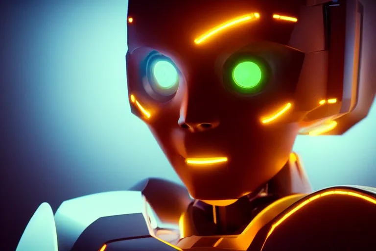 Prompt: VFX movie of a futuristic robot closeup portrait in living room, beautiful natural skin neon lighting by Emmanuel Lubezki